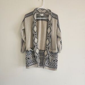 Boho Western Beige Aztec Open-Front Knit Cardigan Sweater Scrunch Sleeve